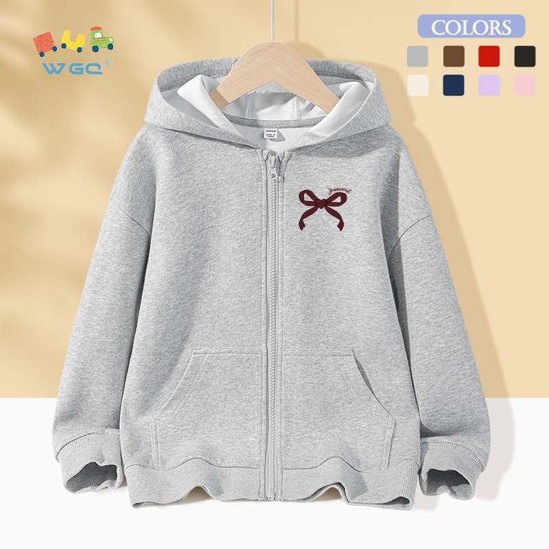 W.G.Q  Áo Hoodie  bé gái , Áo khoác Cardigan có khóa kéo, Túi lớn ở cả hai mặt, in hình có nơ