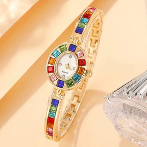 1PC phong cách sang trọng hình bầu dục đầy màu sắc kim cương vòng đeo tay đồng hồ nữ ánh sáng sang trọng trang trí đồng hồ phiên bản Hàn Quốc thời trang sinh viên đồng hồ