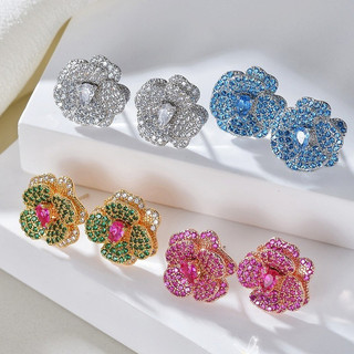 Châu Âu Mỹ ins Phong Cách Mới Đính Kim Cương Đỏ Corundum Bông Tai Hoa Hồng Nữ