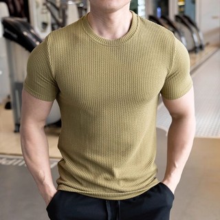 Áo thun ngắn tay cổ tròn mỏng mùa hè phiên bản Hàn Quốc Áo thun nam sọc băng lụa thời trang màu trơn hàng đầu