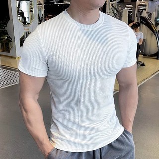 Áo thun ngắn tay cổ tròn mỏng mùa hè phiên bản Hàn Quốc Áo thun nam sọc băng lụa thời trang màu trơn hàng đầu