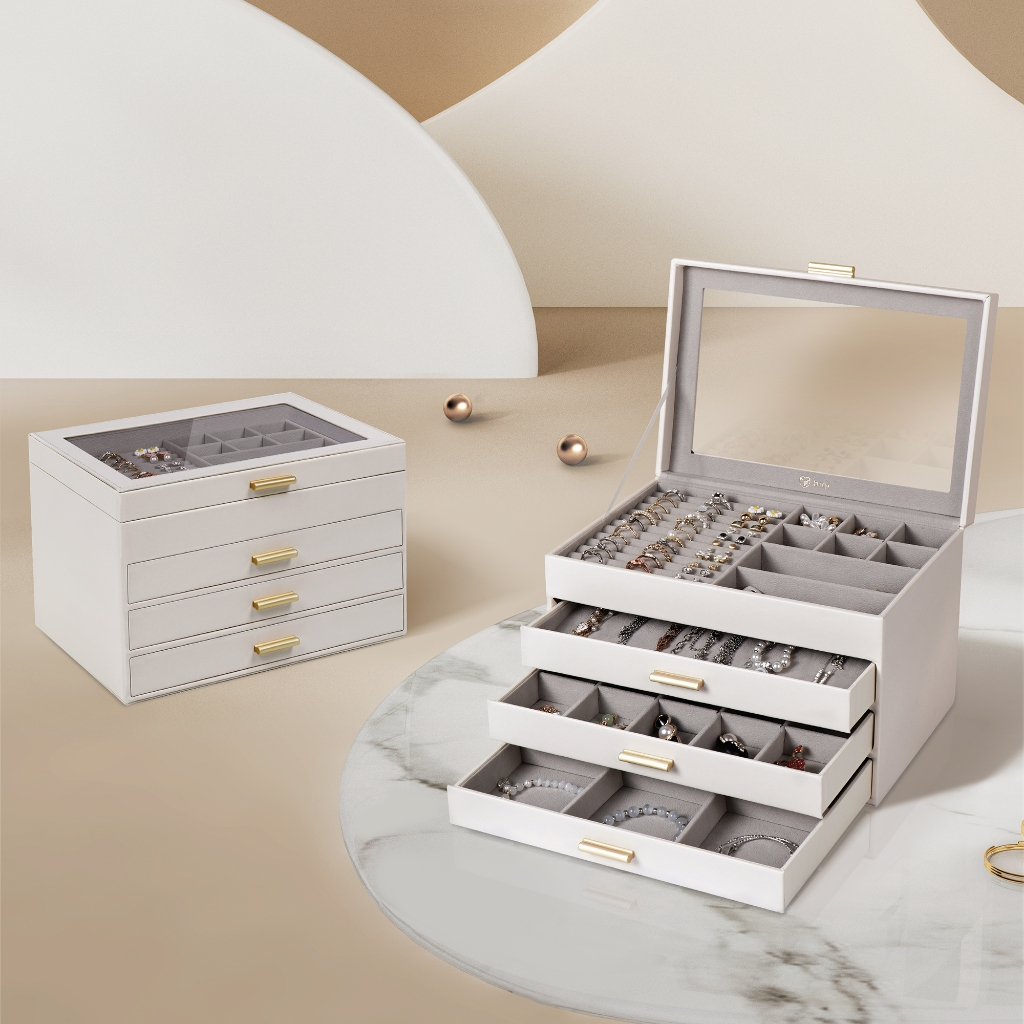 Casegrace Hộp Đựng Trang Sức 4 Lớp Hộp Sắp Xếp Trang Sức 3 Ngăn Kéo Cho Kính Mát Bông Tai Vòng Cổ Hộp Nhẫn Hộp Bảo Quản Trang Sức Phong Cách Hiện Đại