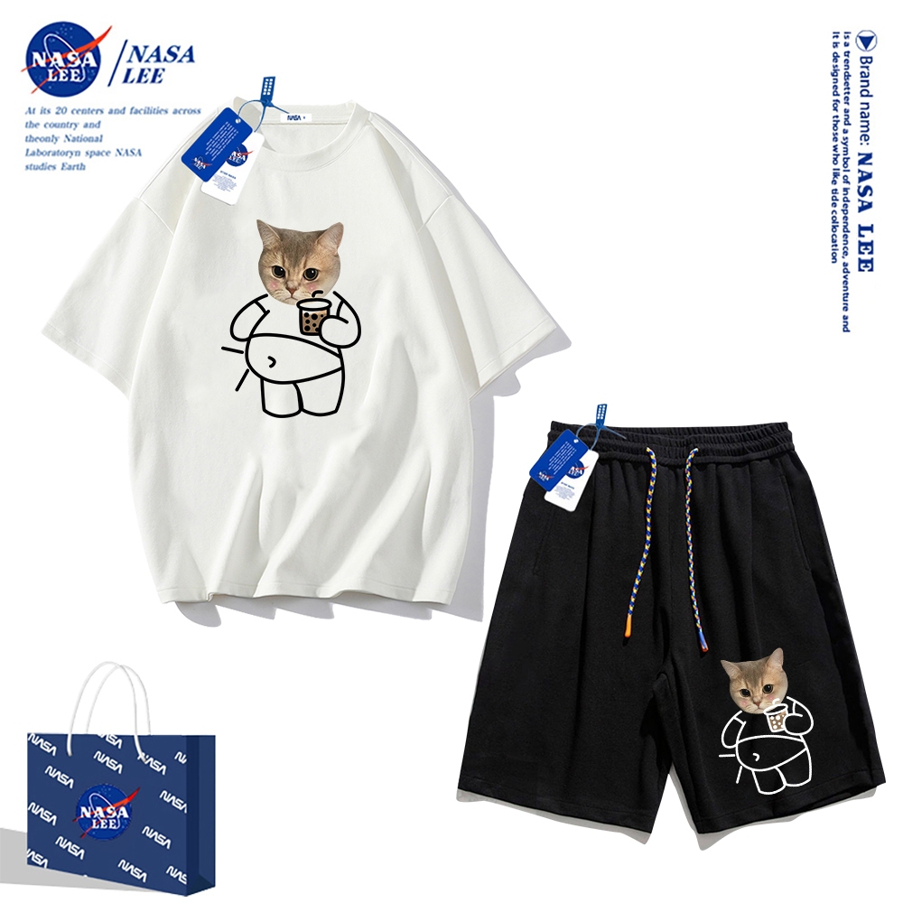 Áo thun ngắn tay Nasa phiên bản rộng mùa hè 2025 cho nam, quần short cotton, phong cách thể thao giản dị, phù hợp cho cả nam và nữ, phong cách đơn giản.
