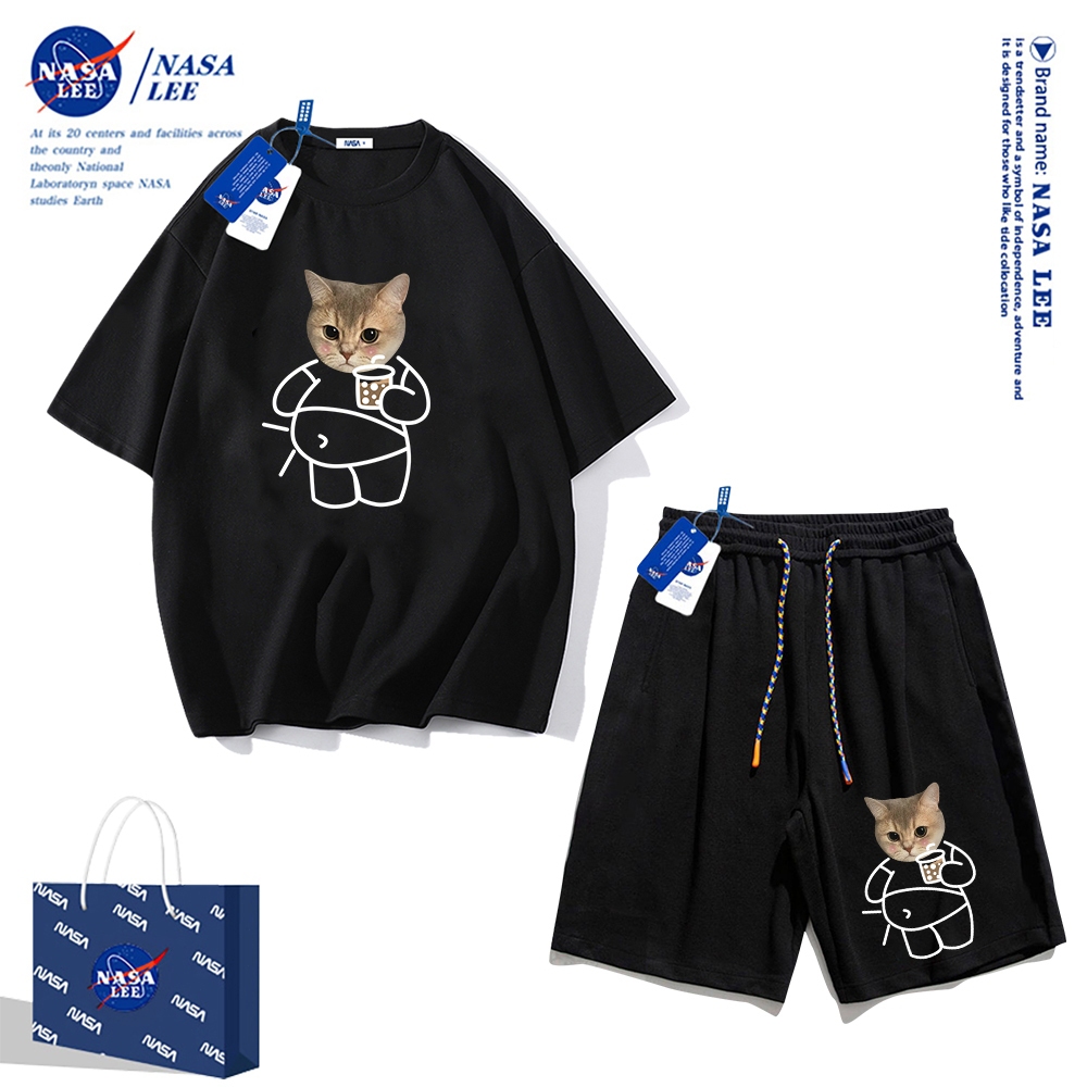 Áo thun ngắn tay Nasa phiên bản rộng mùa hè 2025 cho nam, quần short cotton, phong cách thể thao giản dị, phù hợp cho cả nam và nữ, phong cách đơn giản.