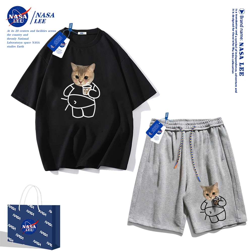 Áo thun ngắn tay Nasa phiên bản rộng mùa hè 2025 cho nam, quần short cotton, phong cách thể thao giản dị, phù hợp cho cả nam và nữ, phong cách đơn giản.