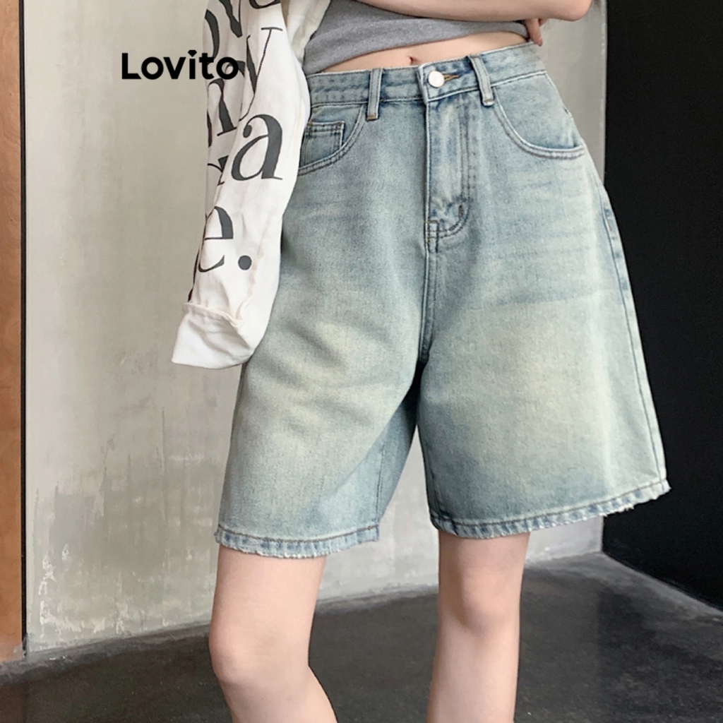 Ảnh Quần short nữ jean cạp cao denim Lovito có túi màu trơn thường ngày cho nữ LNA19020 (Nhiều màu) 3