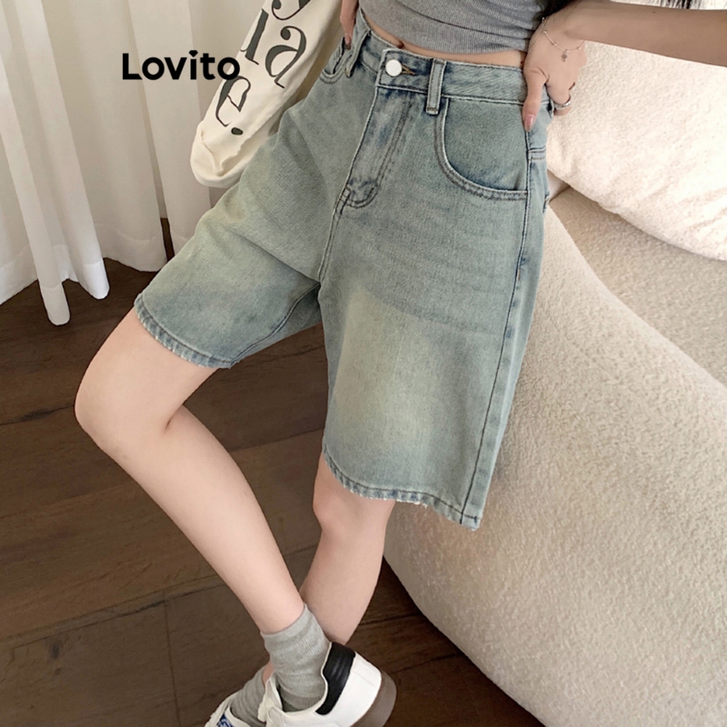 Ảnh Quần short nữ jean cạp cao denim Lovito có túi màu trơn thường ngày cho nữ LNA19020 (Nhiều màu) 2