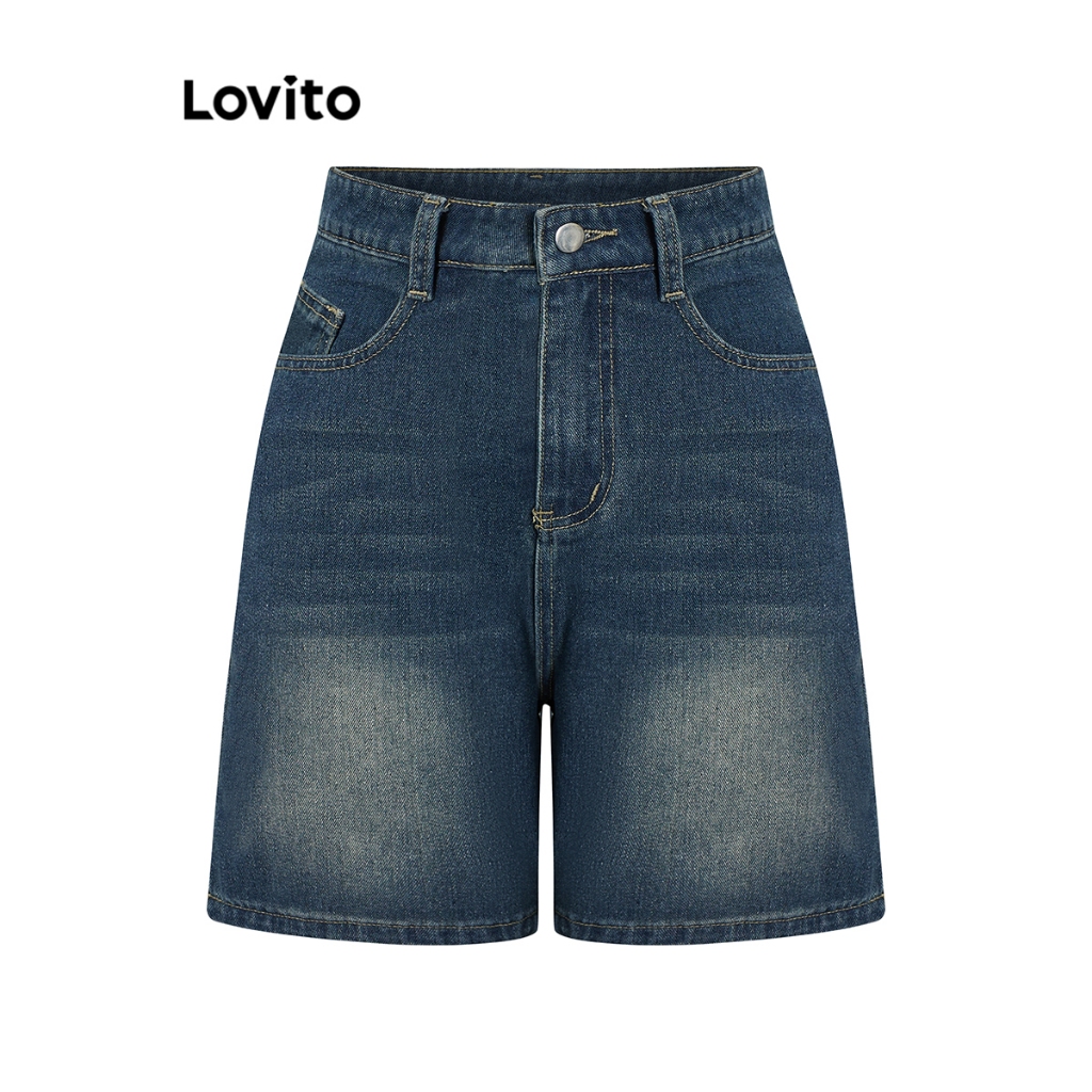Ảnh Quần short nữ jean cạp cao denim Lovito có túi màu trơn thường ngày cho nữ LNA19020 (Nhiều màu) 4