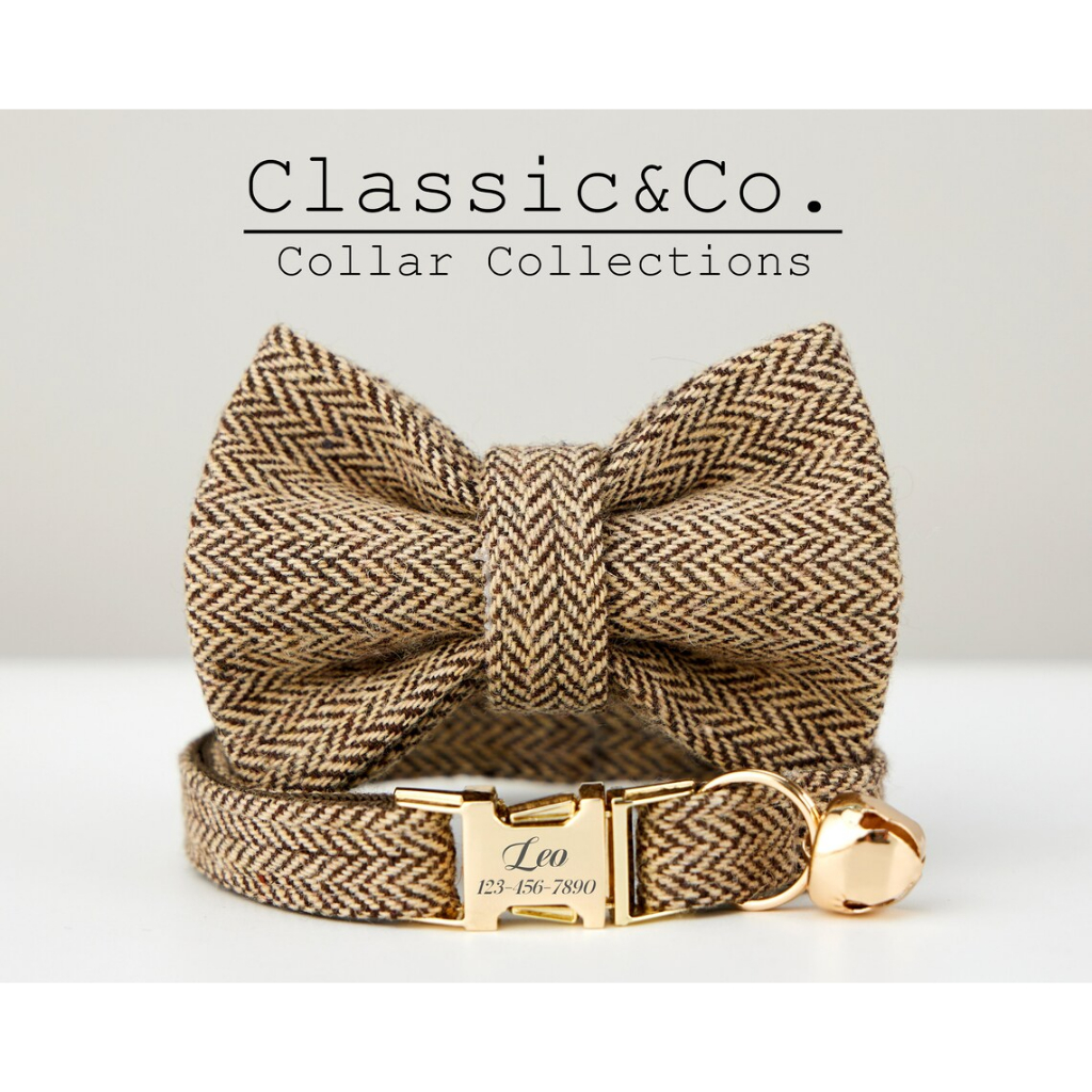Cà Phê Vải Tweed Cổ Mèo Thắt Nơ Bộ, Bên Mở Khóa Vàng Tùy Chỉnh Khắc Thẻ Tên, Cổ Mèo Con Màu Nâu Nhạt Cho Nam, Quà Tặng Cho Chó Nhỏ