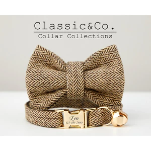 Cà Phê Vải Tweed Cổ Mèo Thắt Nơ Bộ, Bên Mở Khóa Vàng Tùy Chỉnh Khắc Thẻ Tên, Cổ Mèo Con Màu Nâu Nhạt Cho Nam, Quà Tặng Cho Chó Nhỏ
