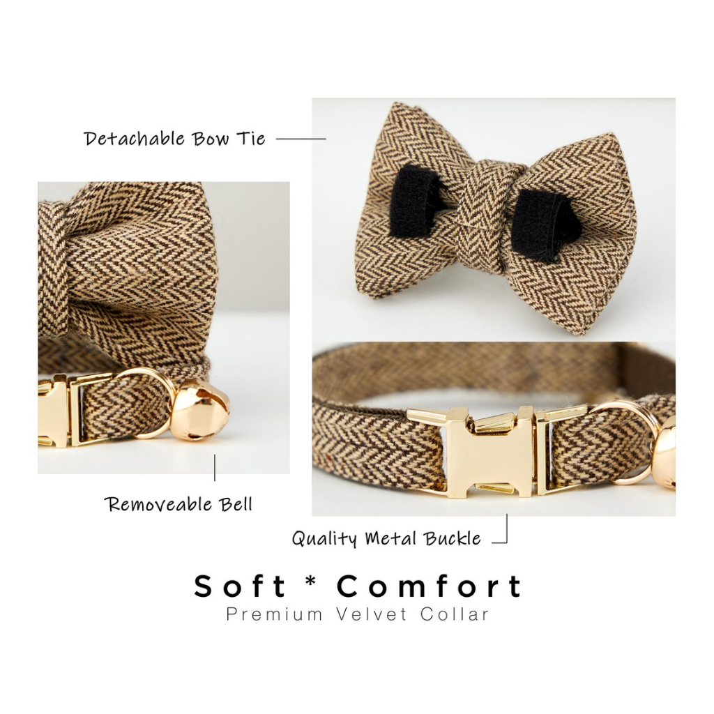 Cà Phê Vải Tweed Cổ Mèo Thắt Nơ Bộ, Bên Mở Khóa Vàng Tùy Chỉnh Khắc Thẻ Tên, Cổ Mèo Con Màu Nâu Nhạt Cho Nam, Quà Tặng Cho Chó Nhỏ