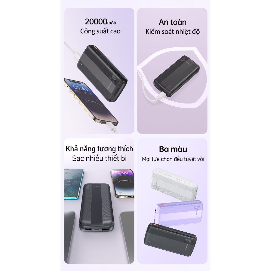 Ảnh Sạc Dự Phòng 20000mah Awei P19K Sạc Nhanh Cổng USB Kép Có Đèn LED Hỗ Trợ Sạc Nhanh Cho Điện Thoại 2