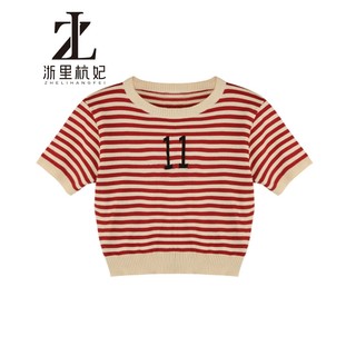 ZHELIHANGFEI Áo thun ngắn tay sọc cổ điển dành cho nữ cổ tròn Áo len lụa băng thiết kế Sense Niche Slimm