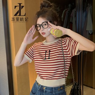 ZHELIHANGFEI Áo thun ngắn tay sọc cổ điển dành cho nữ cổ tròn Áo len lụa băng thiết kế Sense Niche Slimm