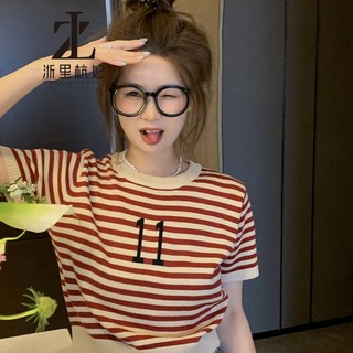 ZHELIHANGFEI Áo thun ngắn tay sọc cổ điển dành cho nữ cổ tròn Áo len lụa băng thiết kế Sense Niche Slimm