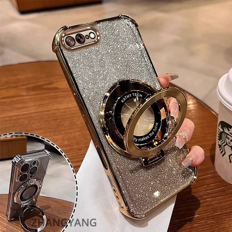 Ốp Lưng Cho iPhone 7 Plus iPhone 8 Plus Bốn Góc Chống Rơi Mạ Điện Ốp Lưng Điện Thoại Thẩm Mỹ Lấp Lánh Giấy Thiết Kế Mới Giá Đỡ Điện Thoại TPU Mềm