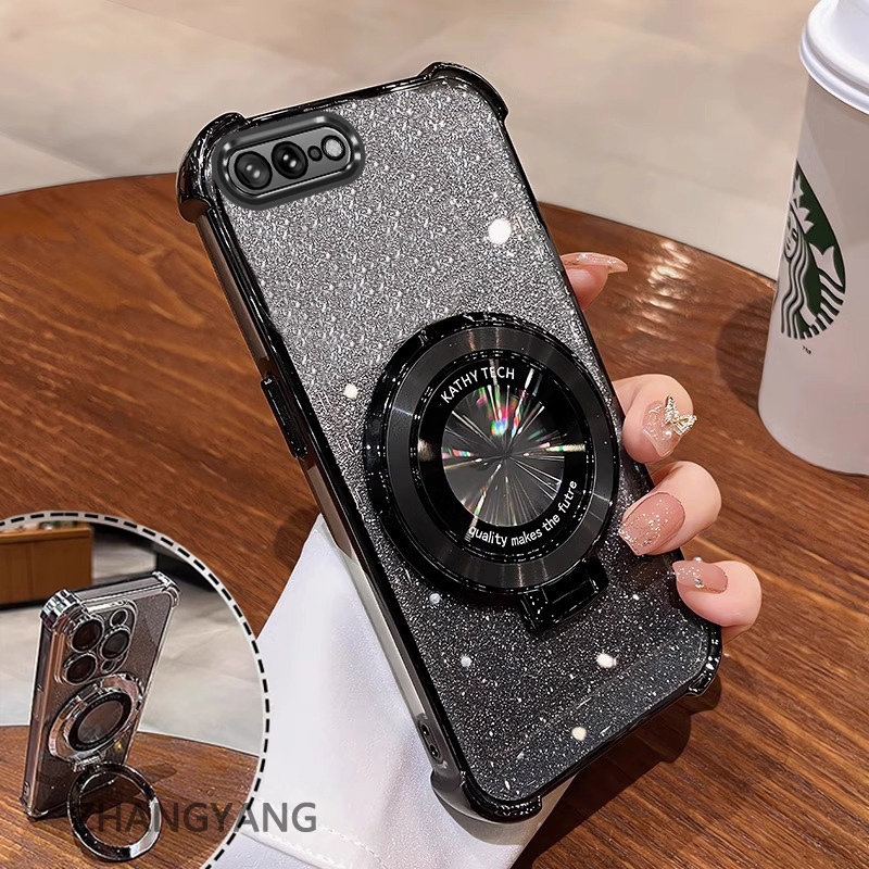 Ốp Lưng Cho iPhone 7 Plus iPhone 8 Plus Bốn Góc Chống Rơi Mạ Điện Ốp Lưng Điện Thoại Thẩm Mỹ Lấp Lánh Giấy Thiết Kế Mới Giá Đỡ Điện Thoại TPU Mềm