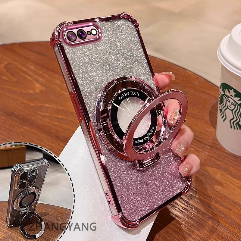 Ốp Lưng Cho iPhone 7 Plus iPhone 8 Plus Bốn Góc Chống Rơi Mạ Điện Ốp Lưng Điện Thoại Thẩm Mỹ Lấp Lánh Giấy Thiết Kế Mới Giá Đỡ Điện Thoại TPU Mềm