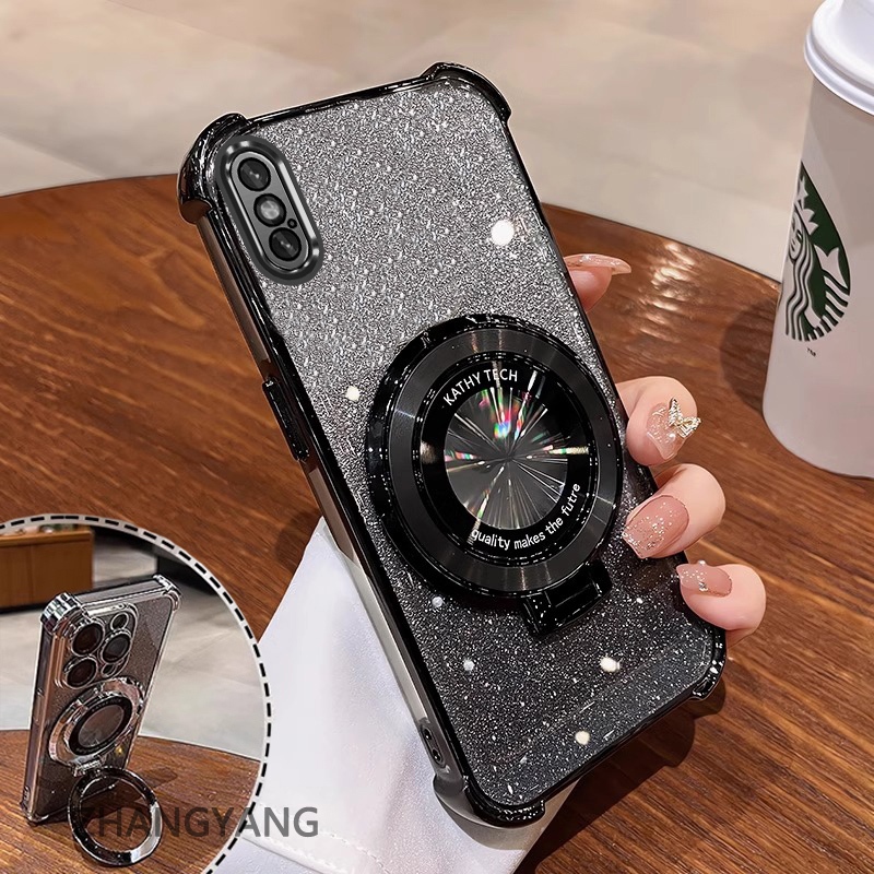 Ốp Lưng Cho iPhone X Xs Xr Xs Max Bốn Góc Chống Rơi Mạ Điện Thoại Thẩm Mỹ Giấy Lấp Lánh Thiết Kế Mới Giá Đỡ Điện Thoại TPU Mềm case