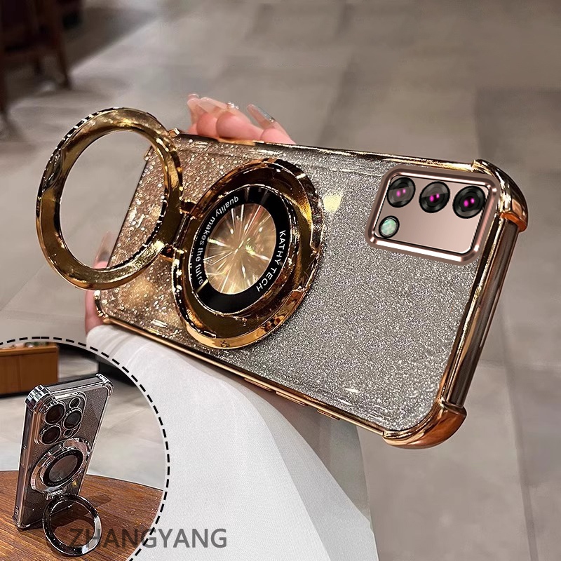 Ốp Lưng Cho OPPO A74 4G A95 4G Vỏ Điện Thoại Mạ Điện Bốn Góc Chống Rơi Thẩm Mỹ Giấy Lấp Lánh Thiết Kế Mới Giá Đỡ Điện Thoại TPU Mềm