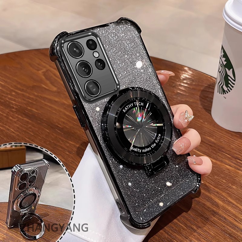 Ốp Lưng Cho Samsung S23 S23 Plus S23 Ultra S23 FE Ốp Điện Thoại Mạ Điện Bốn Góc Chống Rơi Thẩm Mỹ Giấy Lấp Lánh Thiết Kế Mới Giá Đỡ Điện Thoại TPU Mềm