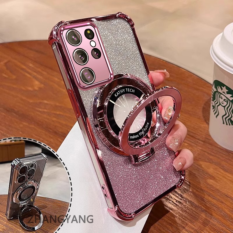 Ốp Lưng Cho Samsung S23 S23 Plus S23 Ultra S23 FE Ốp Điện Thoại Mạ Điện Bốn Góc Chống Rơi Thẩm Mỹ Giấy Lấp Lánh Thiết Kế Mới Giá Đỡ Điện Thoại TPU Mềm