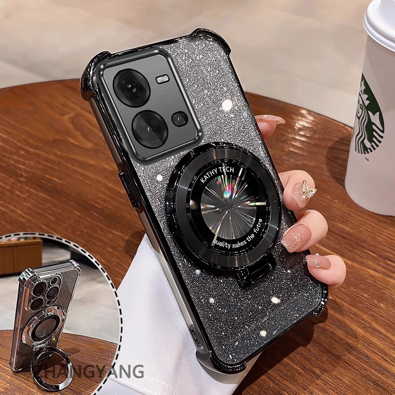 Ốp Lưng Cho vivo V25 5G V25E 5G Vỏ Điện Thoại Mạ Điện Bốn Góc Chống Rơi Thẩm Mỹ Giấy Lấp Lánh Thiết Kế Mới Giá Đỡ Điện Thoại TPU Mềm