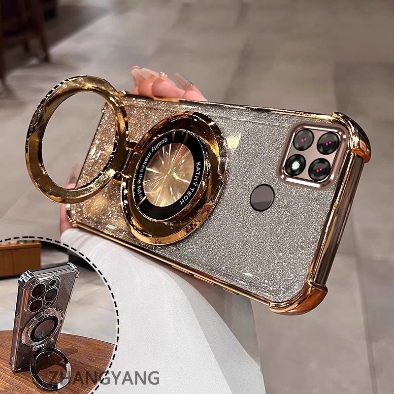 Ốp Lưng Cho OPPO A15 A15S Ốp Điện Thoại Mạ Điện Bốn Góc Chống Rơi Thẩm Mỹ Giấy Lấp Lánh Thiết Kế Mới Giá Đỡ Điện Thoại TPU Mềm