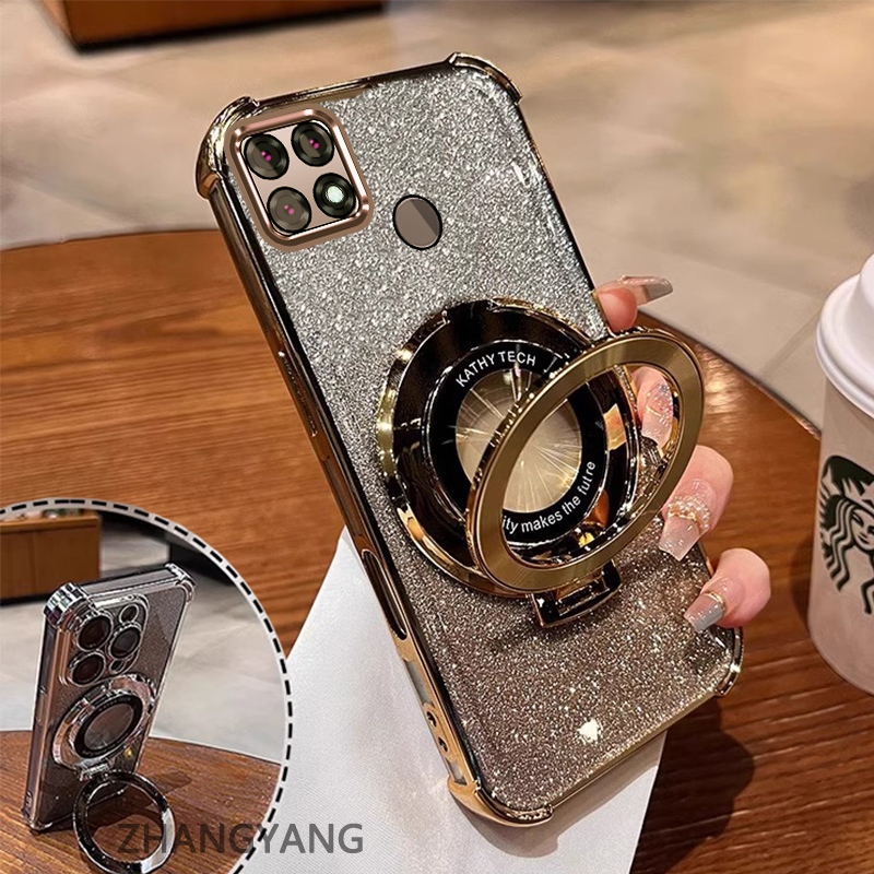 Ốp Lưng Cho OPPO A15 A15S Ốp Điện Thoại Mạ Điện Bốn Góc Chống Rơi Thẩm Mỹ Giấy Lấp Lánh Thiết Kế Mới Giá Đỡ Điện Thoại TPU Mềm