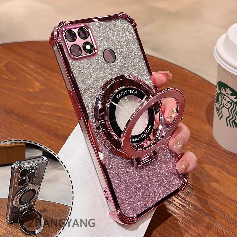 Ốp Lưng Cho OPPO A15 A15S Ốp Điện Thoại Mạ Điện Bốn Góc Chống Rơi Thẩm Mỹ Giấy Lấp Lánh Thiết Kế Mới Giá Đỡ Điện Thoại TPU Mềm