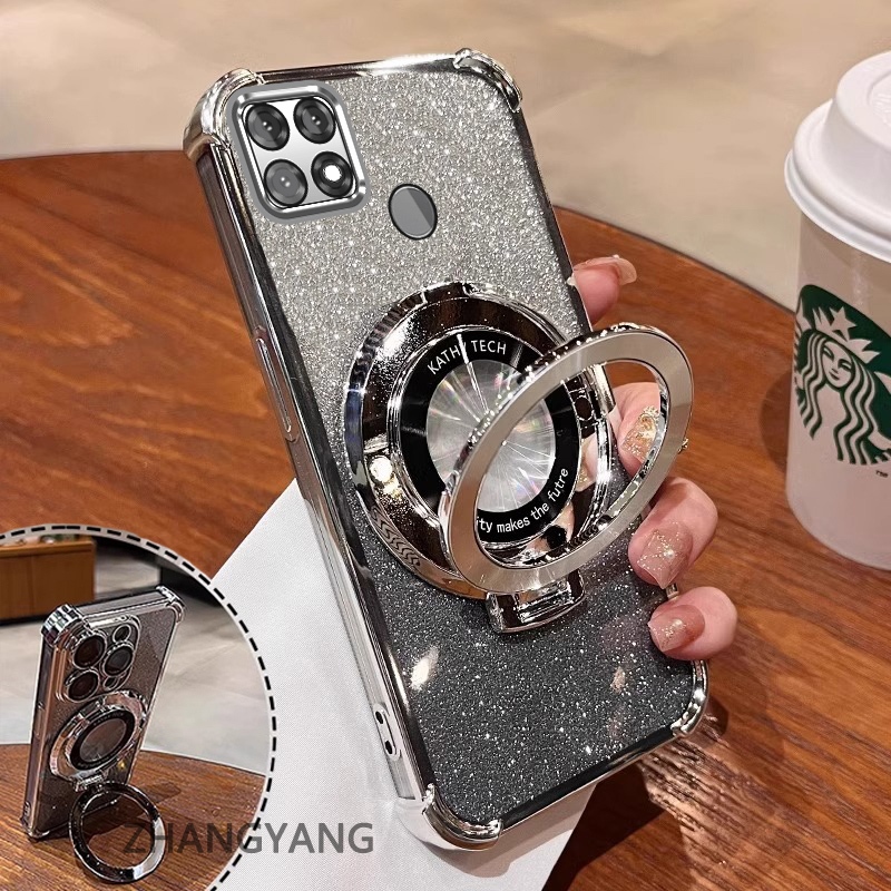 Ốp Lưng Cho OPPO A15 A15S Ốp Điện Thoại Mạ Điện Bốn Góc Chống Rơi Thẩm Mỹ Giấy Lấp Lánh Thiết Kế Mới Giá Đỡ Điện Thoại TPU Mềm