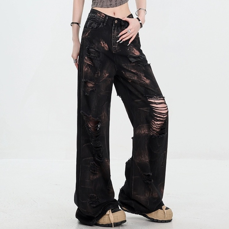 Quần Jean Nữ Quần Jeans Rách Quần ống rộng rộng rãi nhuộm thắt nút Mảnh ...