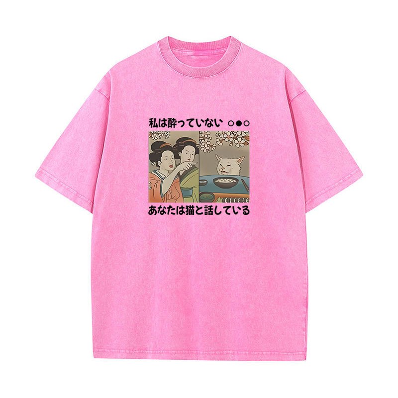 Phong Cách Nhật Bản Hoạt Hình Mèo Áo Thun Mùa Hè Bông Tai Kẹp Kawaii Mèo In Hình Tay Ngắn Bông Tai Kẹp Y2K Áo Rửa Vintage Dạo Phố