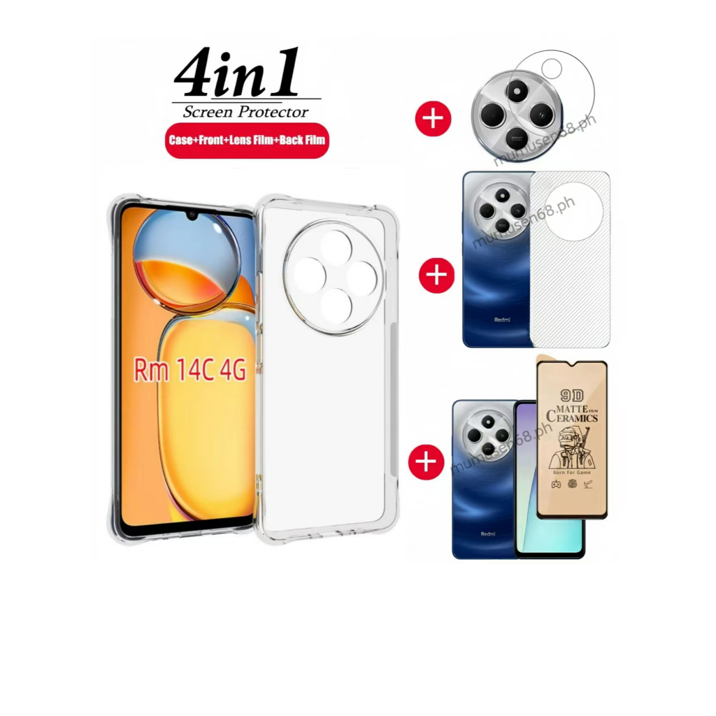 [Hàng có sẵn] Ốp điện thoại trong suốt mềm chống sốc 4in1 Redmi 14C / poco C75 cho Redmi A3 / Poco C61 Phim bảo vệ màn hình + phim ống kính + phim mặt sau