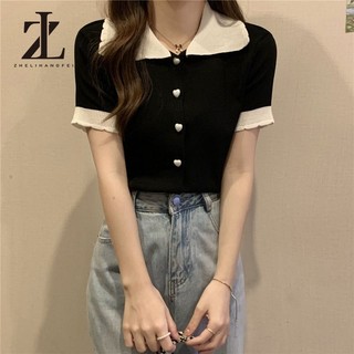 Áo len dệt kim ngắn tay cổ búp bê nữ Slim-fit