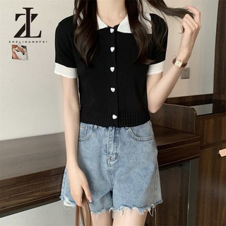 Áo len dệt kim ngắn tay cổ búp bê nữ Slim-fit