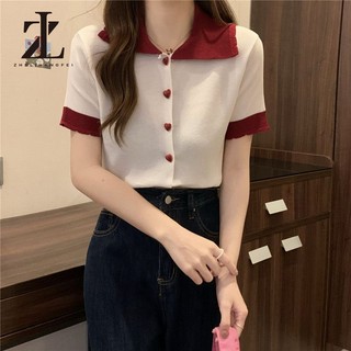 Áo len dệt kim ngắn tay cổ búp bê nữ Slim-fit