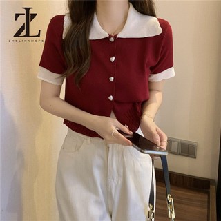 Áo len dệt kim ngắn tay cổ búp bê nữ Slim-fit