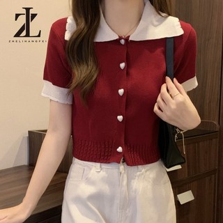 Áo len dệt kim ngắn tay cổ búp bê nữ Slim-fit