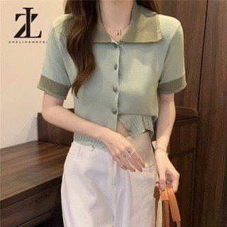 Áo len dệt kim ngắn tay cổ búp bê nữ Slim-fit