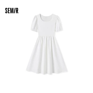 Semir Nữ Puff Tay Slim Fit Mềm Mại Thanh Lịch Mùa Hè Đa Năng Chắp Vá Thắt Lưng Họa Tiết Midi Đầm
