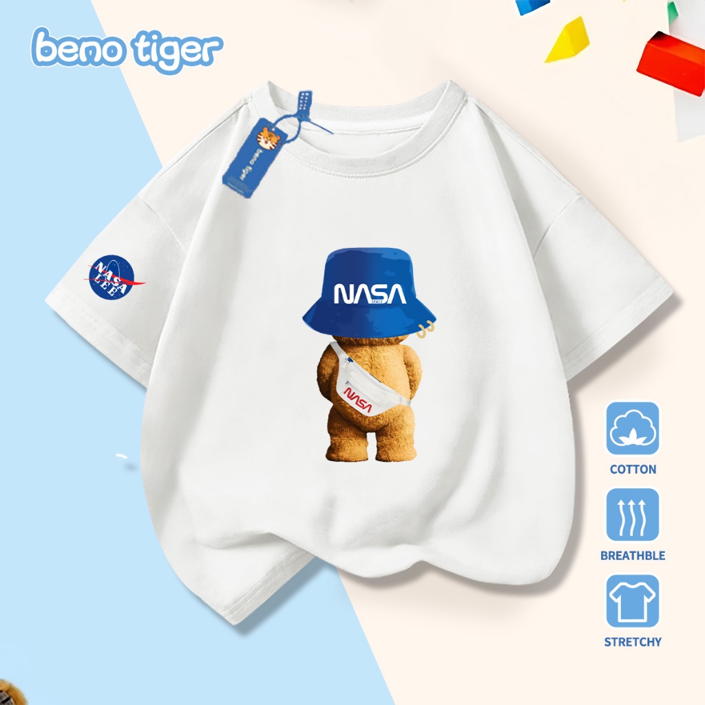 Áo thun bé trai BenoTiger áo phông cộc tay cho bé in hình Blue Hat Bear chất thun cotton mềm mịn thấm hút mồ hôi