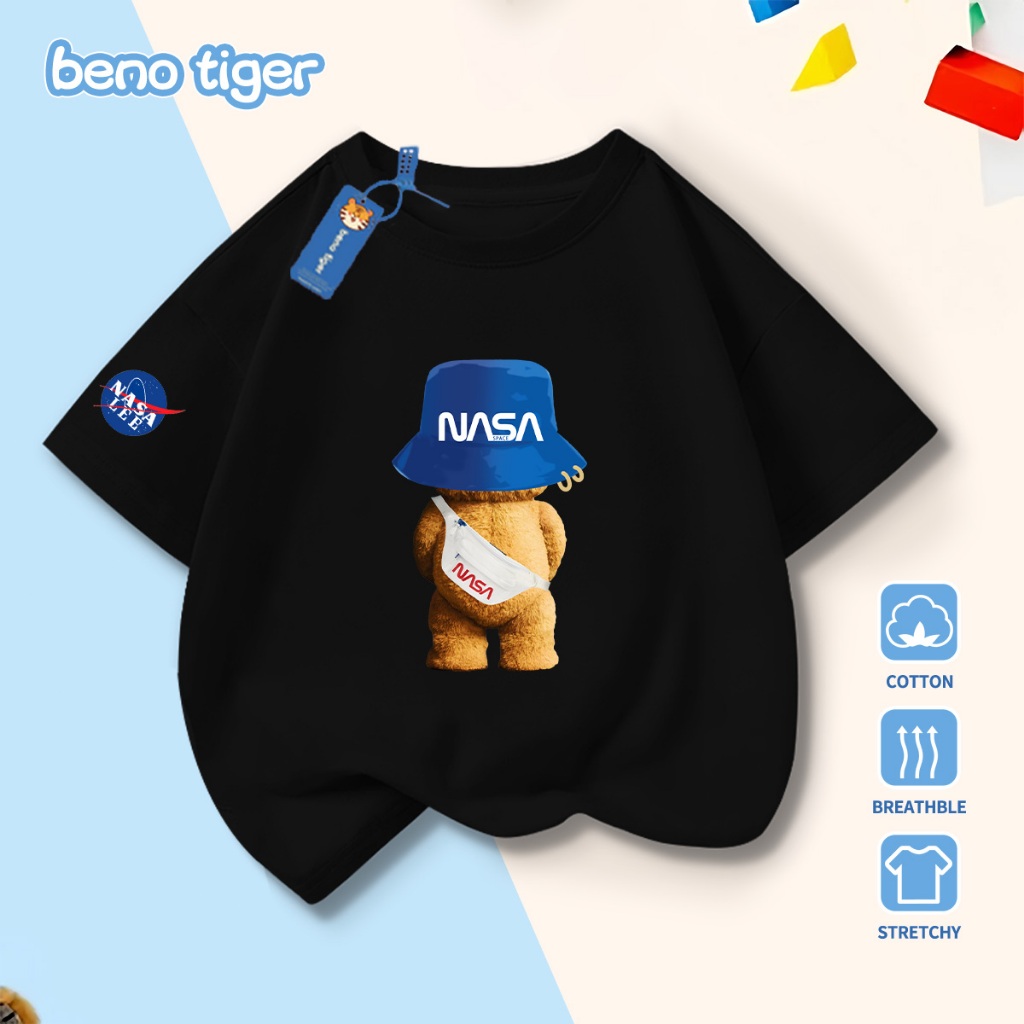 Áo thun bé trai BenoTiger áo phông cộc tay cho bé in hình Blue Hat Bear chất thun cotton mềm mịn thấm hút mồ hôi