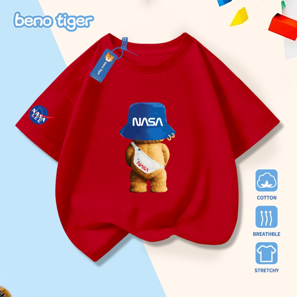 Áo thun bé trai BenoTiger áo phông cộc tay cho bé in hình Blue Hat Bear chất thun cotton mềm mịn thấm hút mồ hôi