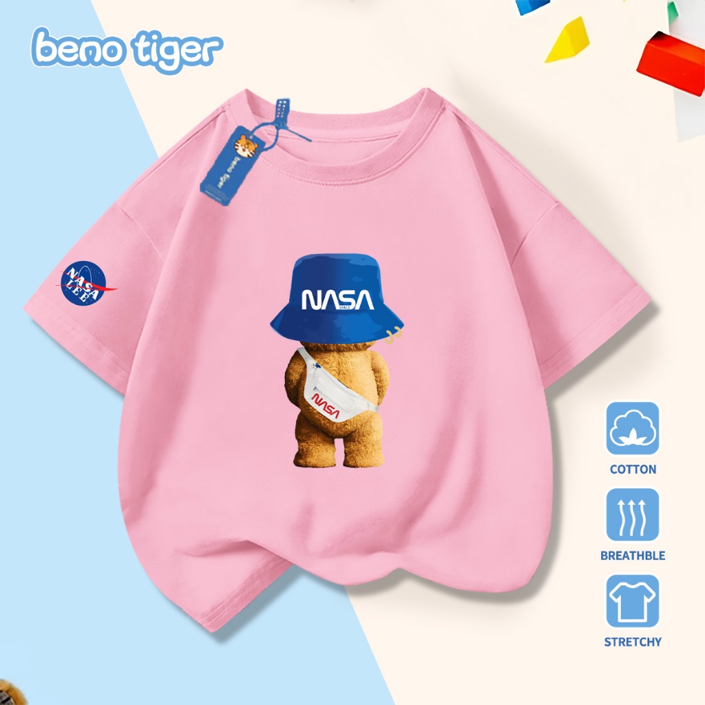 Áo thun bé trai BenoTiger áo phông cộc tay cho bé in hình Blue Hat Bear chất thun cotton mềm mịn thấm hút mồ hôi