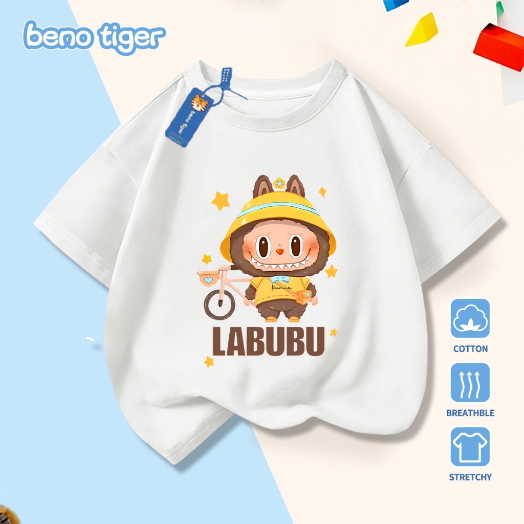 Áo thun bé trai BenoTiger áo phông cộc tay cho bé in hình LABUBU chất thun cotton mềm mịn thấm hút mồ hôi