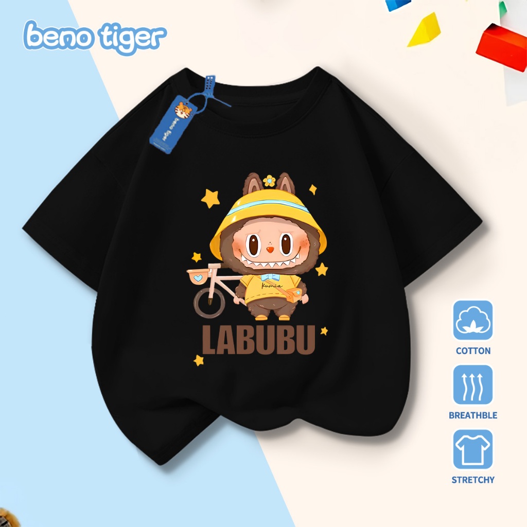 Áo thun bé trai BenoTiger áo phông cộc tay cho bé in hình LABUBU chất thun cotton mềm mịn thấm hút mồ hôi