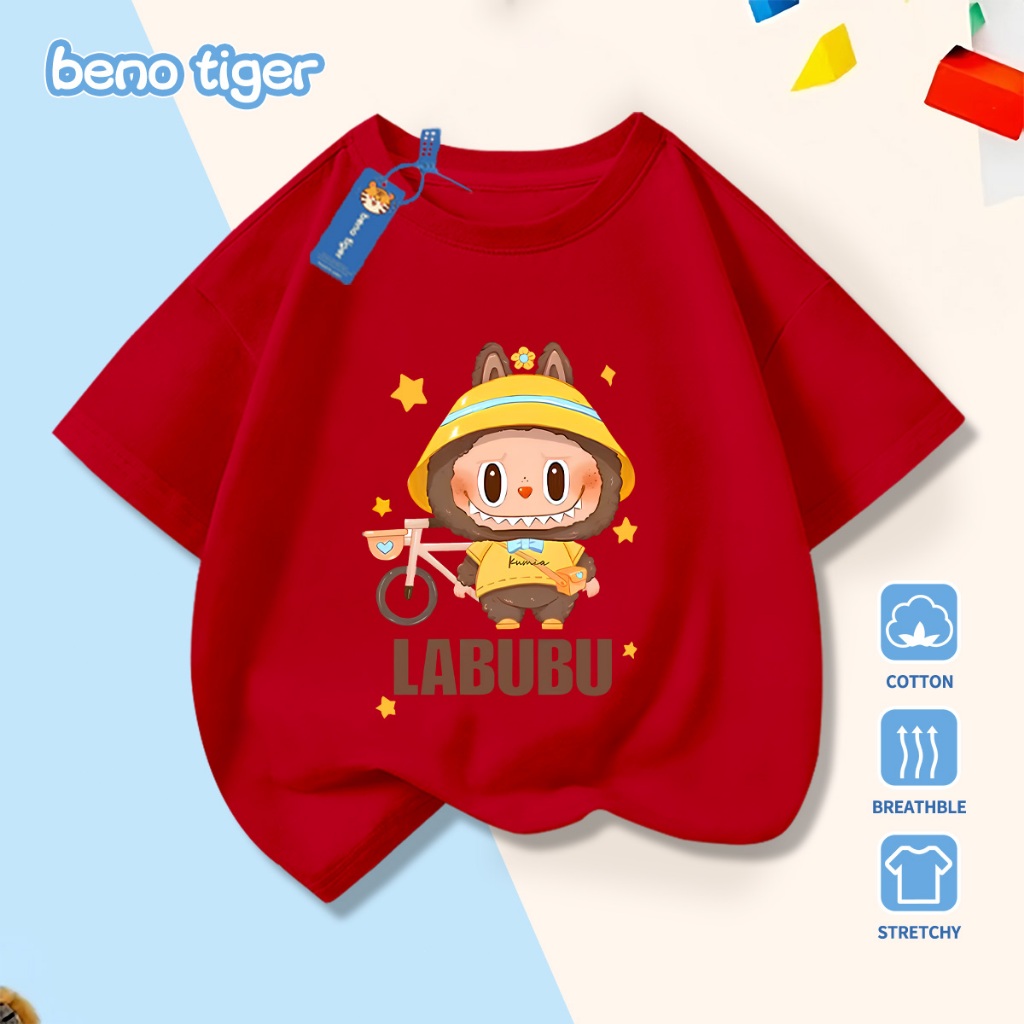 Áo thun bé trai BenoTiger áo phông cộc tay cho bé in hình LABUBU chất thun cotton mềm mịn thấm hút mồ hôi