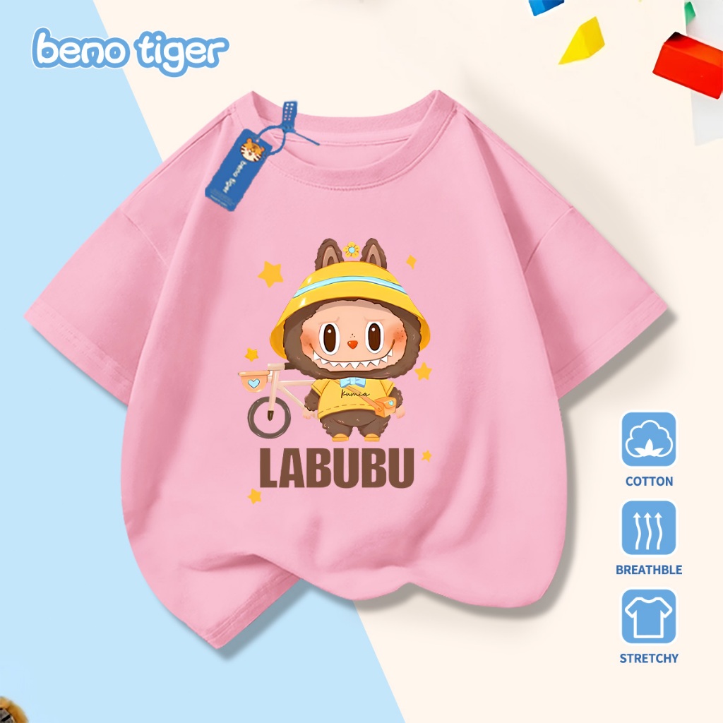 Áo thun bé trai BenoTiger áo phông cộc tay cho bé in hình LABUBU chất thun cotton mềm mịn thấm hút mồ hôi