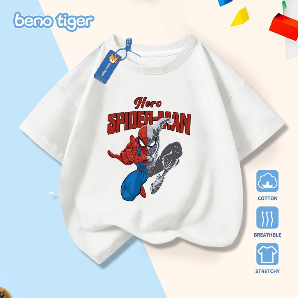 Áo thun bé trai BenoTiger áo phông cộc tay cho bé in hình Spider-Man chất thun cotton mềm mịn thấm hút mồ hôi